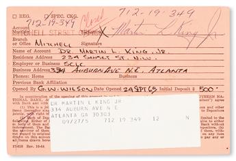 (CIVIL RIGHTS.) KING, MARTIN LUTHER JR. Kings signed Mitchell Street Bank ID card.